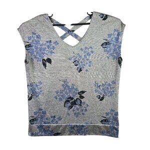 Womens Rickie's Gray & Blue Floral Top Cap Sleeve V-Neck Polyester Stretch L